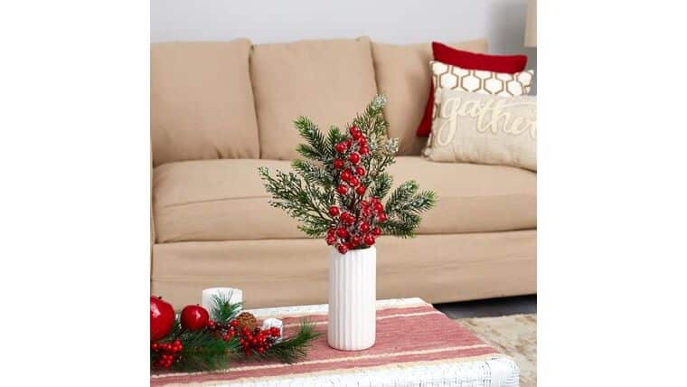19” Iced Pine and Berries Artificial Arrangement in White Vase | Rental