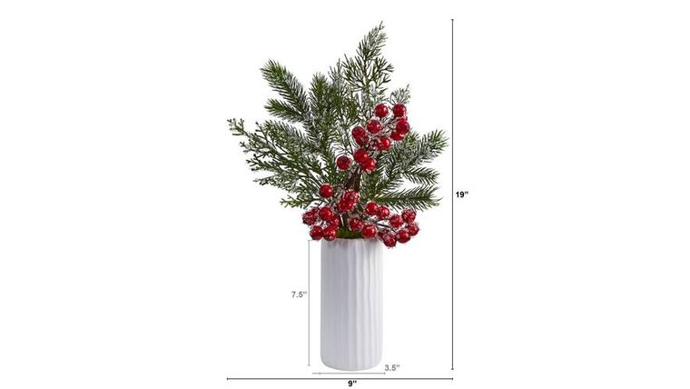 19” Iced Pine and Berries Artificial Arrangement in White Vase | Rental