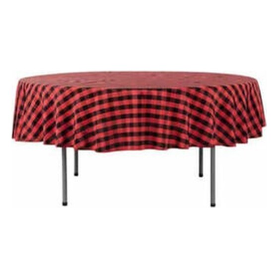 Polyester | Black & Red Check 90″ Round Buffalo Plaid Tablecloth | Rental