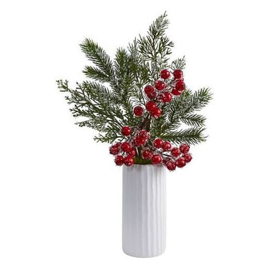 19” Iced Pine and Berries Artificial Arrangement in White Vase | Rental