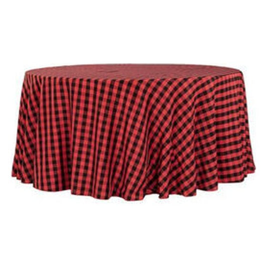 Polyester | Black & Red Check | 120″ Round Buffalo Plaid Tablecloth | Rental