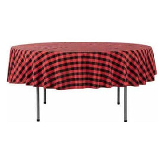 Polyester | Black & Red Check 90″ Round Buffalo Plaid Tablecloth | Rental